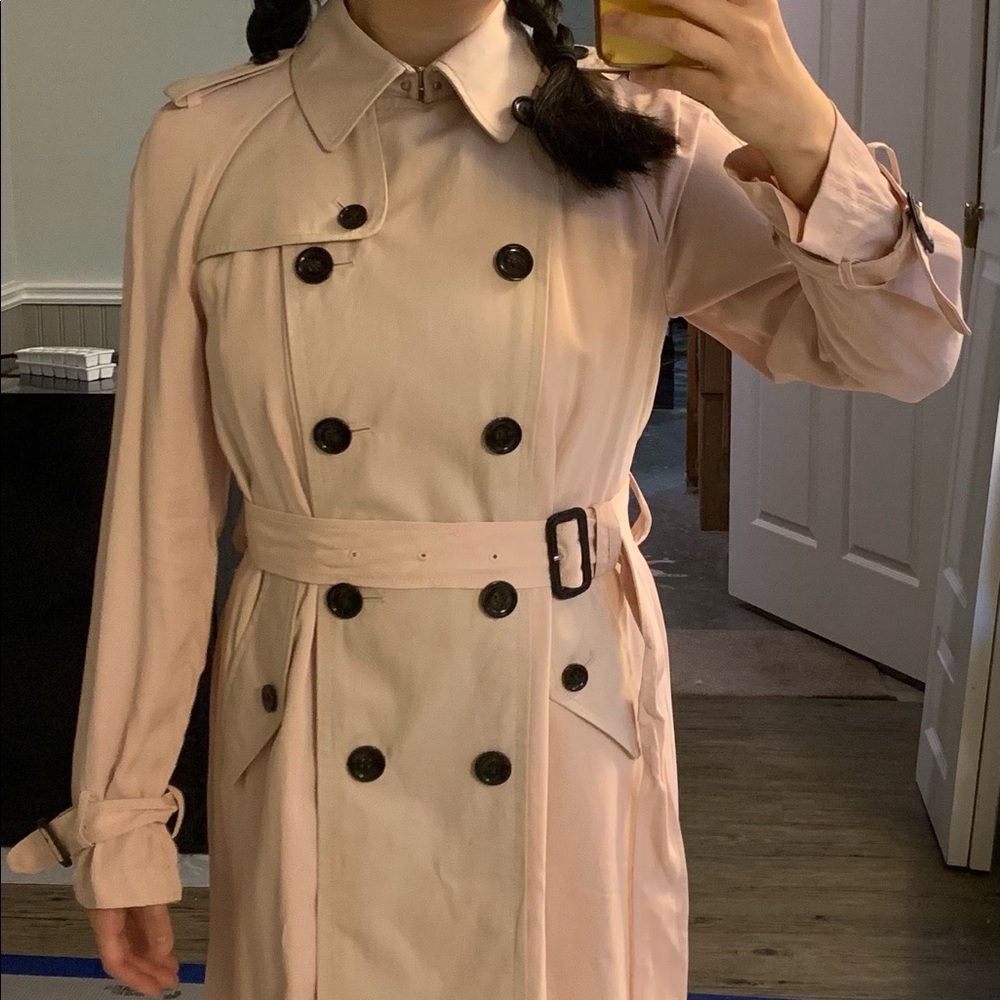 Pink satin-sleeved Coach trench coat, never worn but the tags are off.